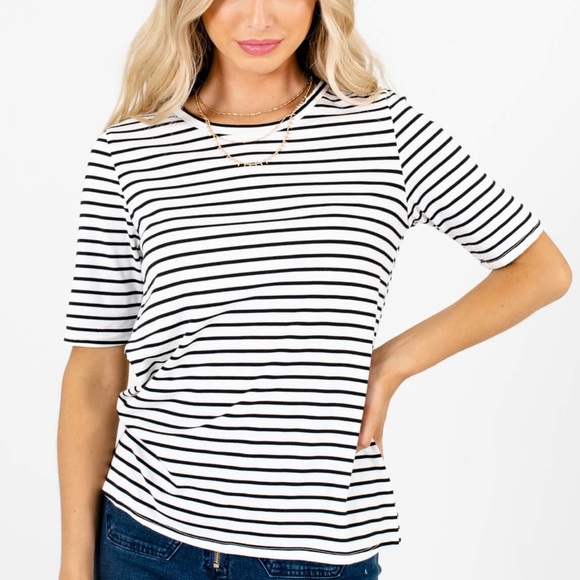 Striped Scoop Neck Top with Cuffed Quarter Length Sleeves - Picture 1 of 10